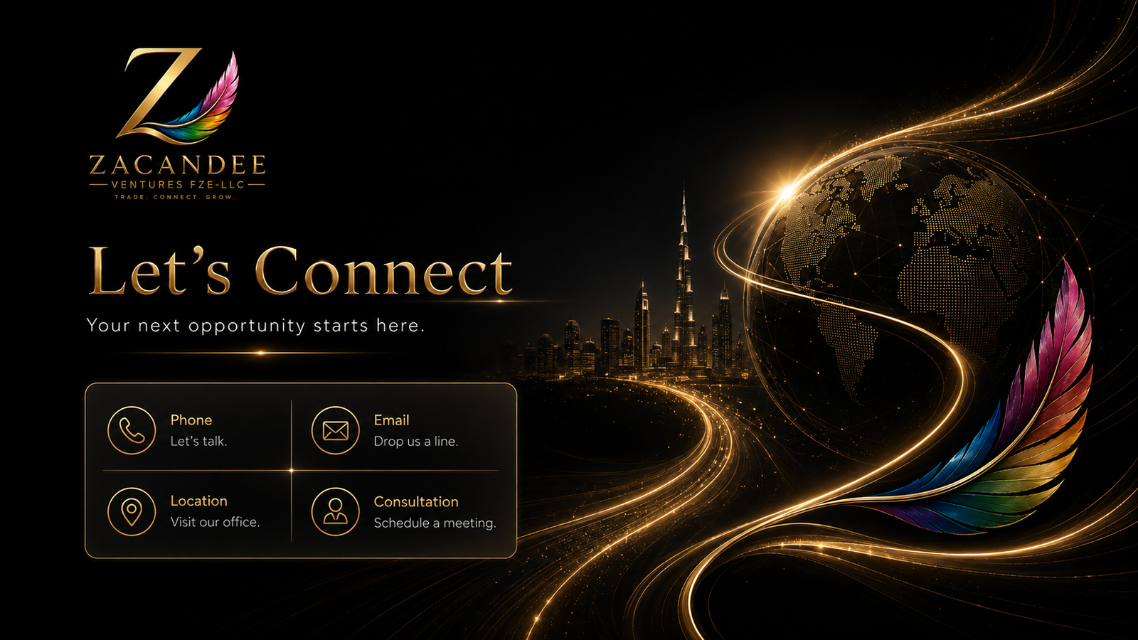 Zacandee global contact visual with gold light trails