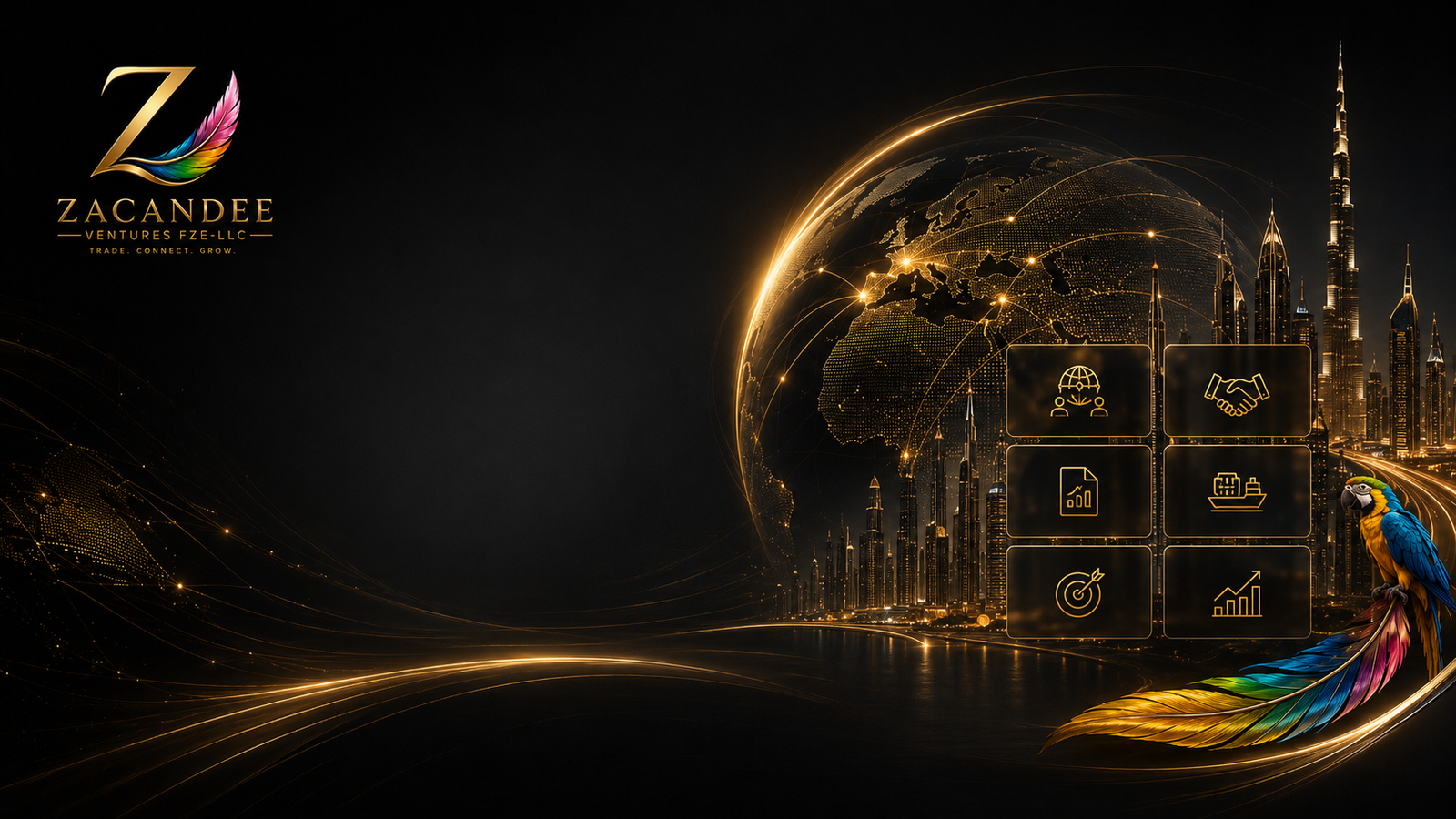 Global Zacandee business atmosphere with Dubai skyline and gold network trails
