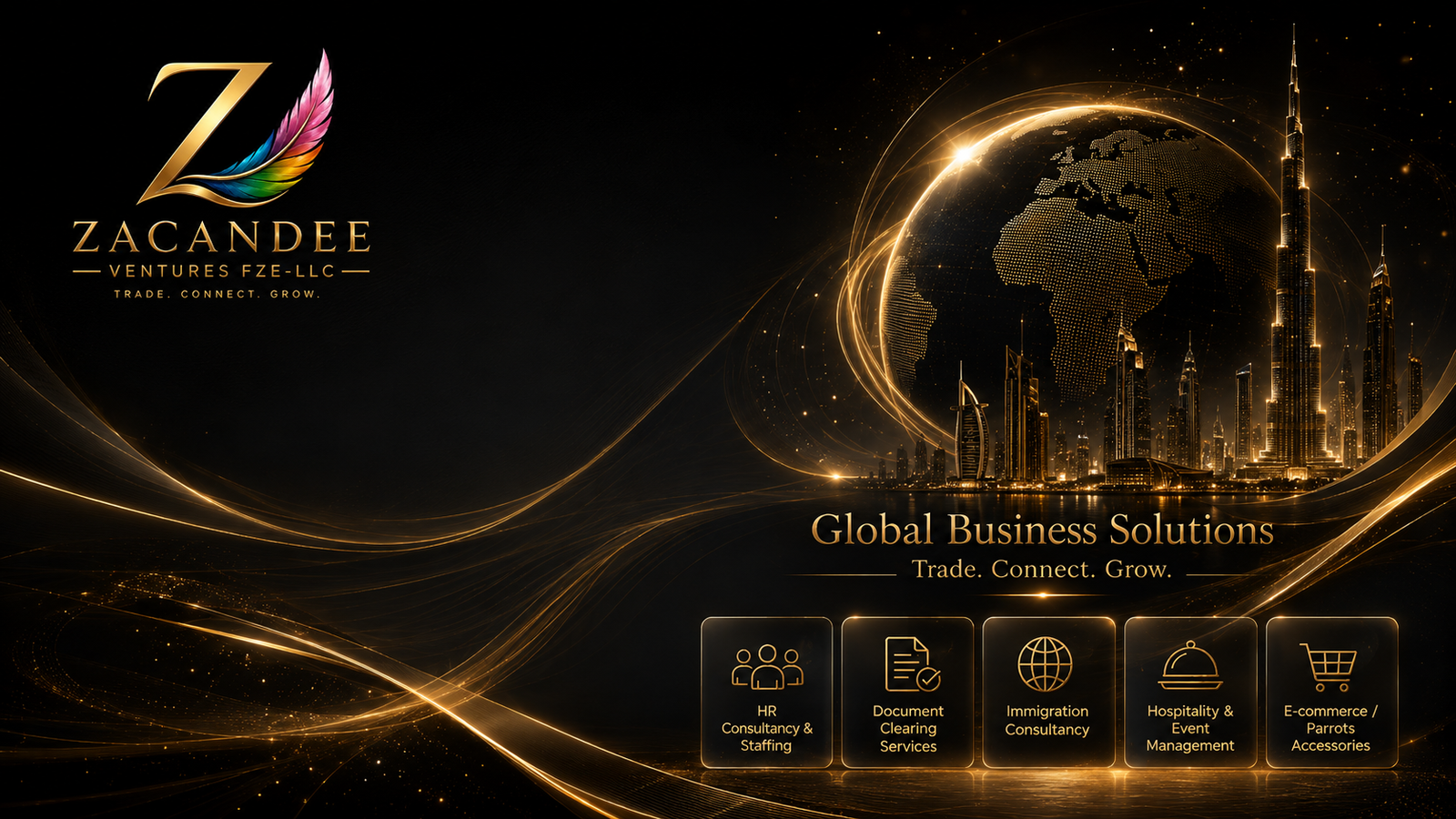Zacandee global business visual with gold globe and Dubai skyline